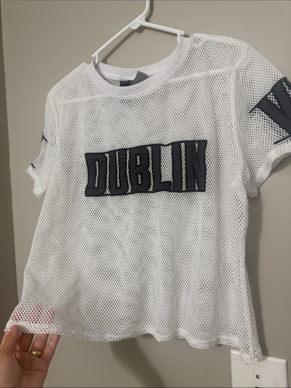 Polly & Esther White Mesh Tee with Black 'Dublin' Patch